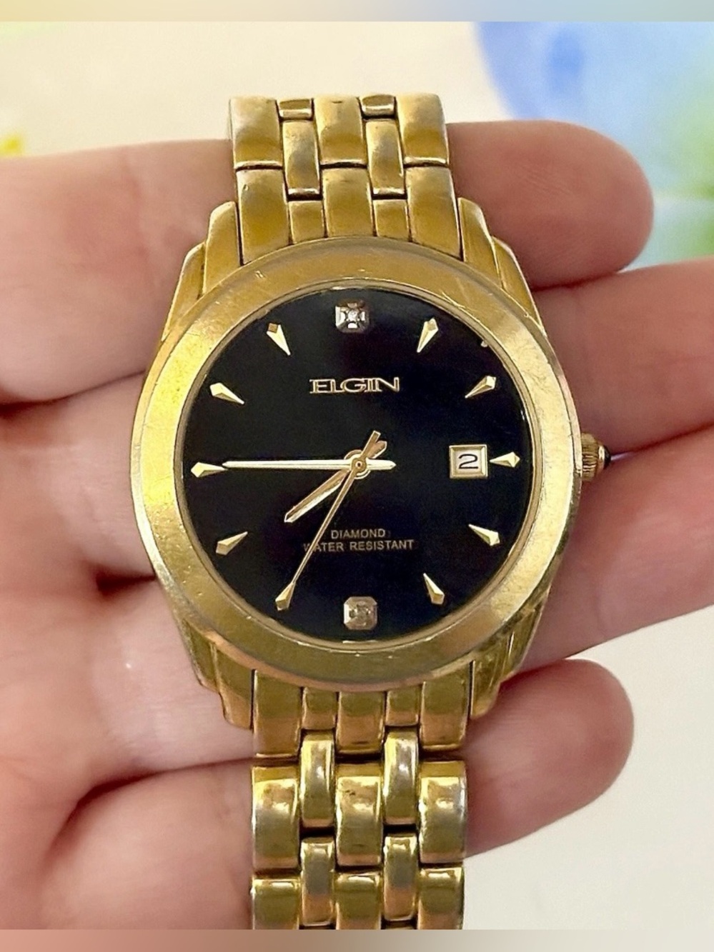 Vintage Elgin Diamond Day/Date Gold Bracelet Men’s Watch Luxury Round Black Dial